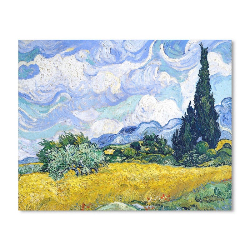 1 KINGO Van Gogh Canvas Wall Art: Wheat Field with Cypresses Oil Painting Picture Reproduction Bedroom Decor, Famous Art Prints Modern Artwork Framed Poster Home Decoration 12"" x 15"" - Image 1